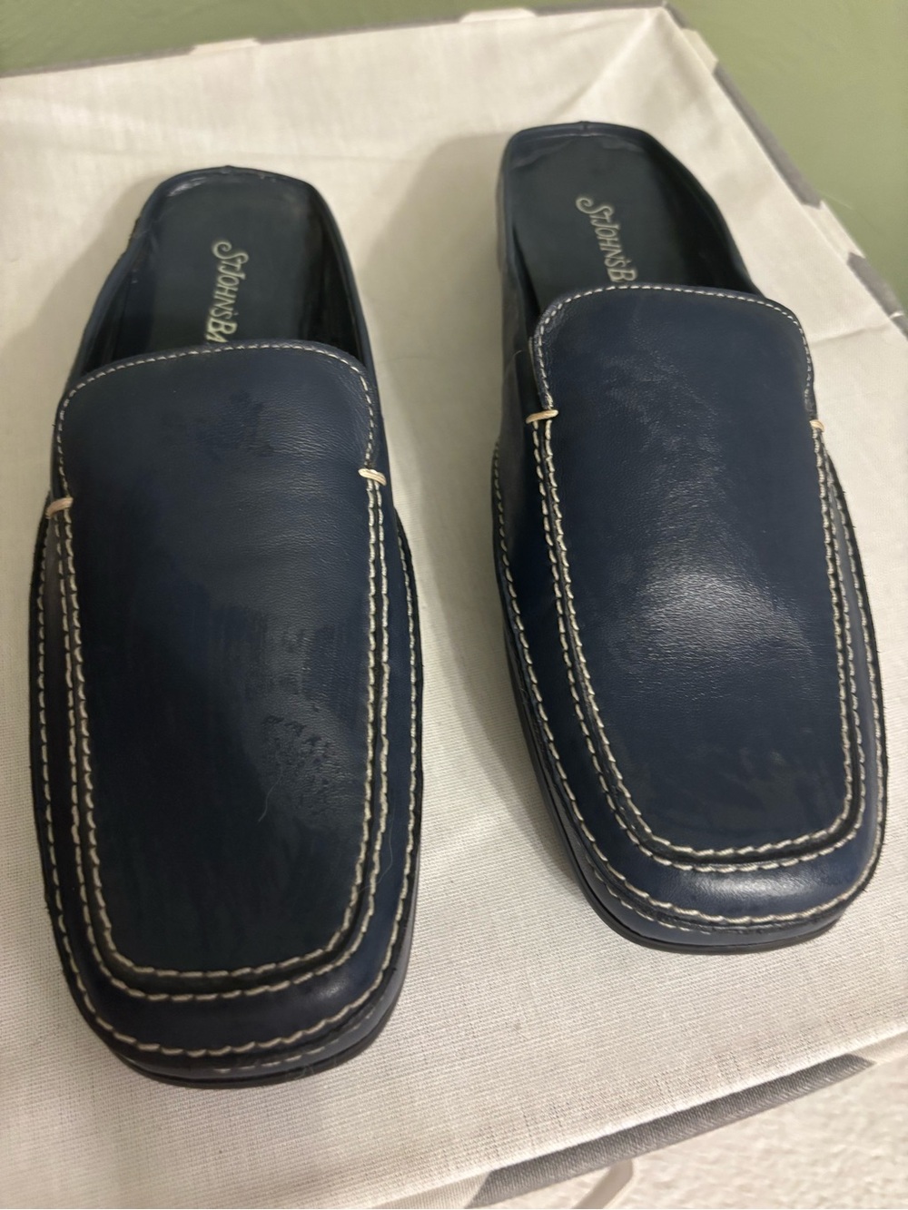 St. John's Bay Navy Blue Leather Slip-On Mules with Contrast Stitching
